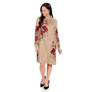 Gramercy 22 Taupe Tan Cowl Neck Floral Sweater Dress Tunic Size XL